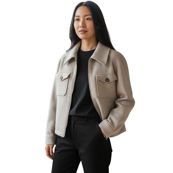 Avec Les Filles Jackets & Blazers - Avec Les Filles Womens Beige Wool-Blend Zip-Up Jacket Front Pockets Size Small